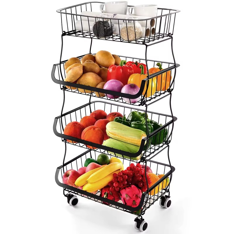 Multi-Tier Durable Metal Wire Frame Kitchen Shelf Fruit Vegetable Display Stand Adjustable Storage Basket