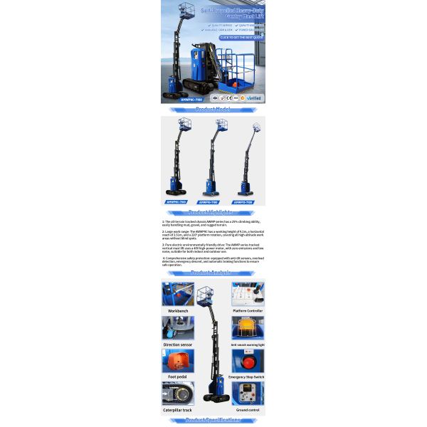 Gravel Terrain Electric Tracked Vertical Mast Lift Self Propelled 7m-10m Custom