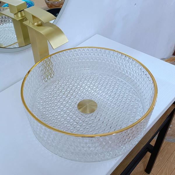 Gold Edge Round Glass Wash Basin 45mm Bathroom Vessel Sink
