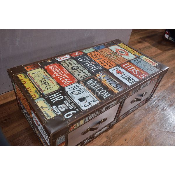 Nidea #8653 Handcrafted Durable Multi-purpose Vintage Wood Living Room Cabinet Retro License Plate Design Featuring Two Drawers
