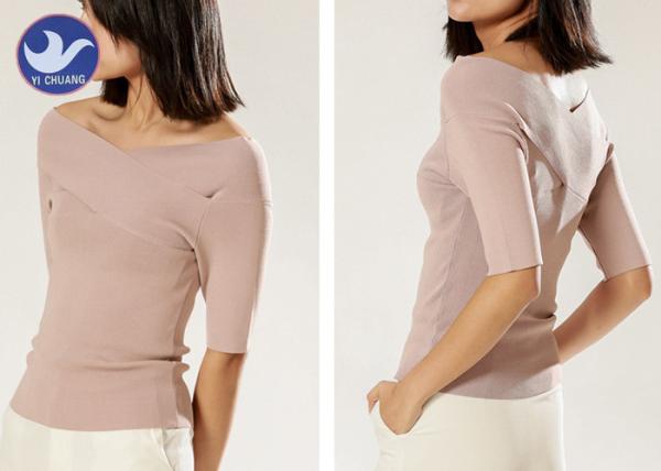 Cross Neck And Boat Neck Womens Knit Pullover Sweater Half Sleeves Pink