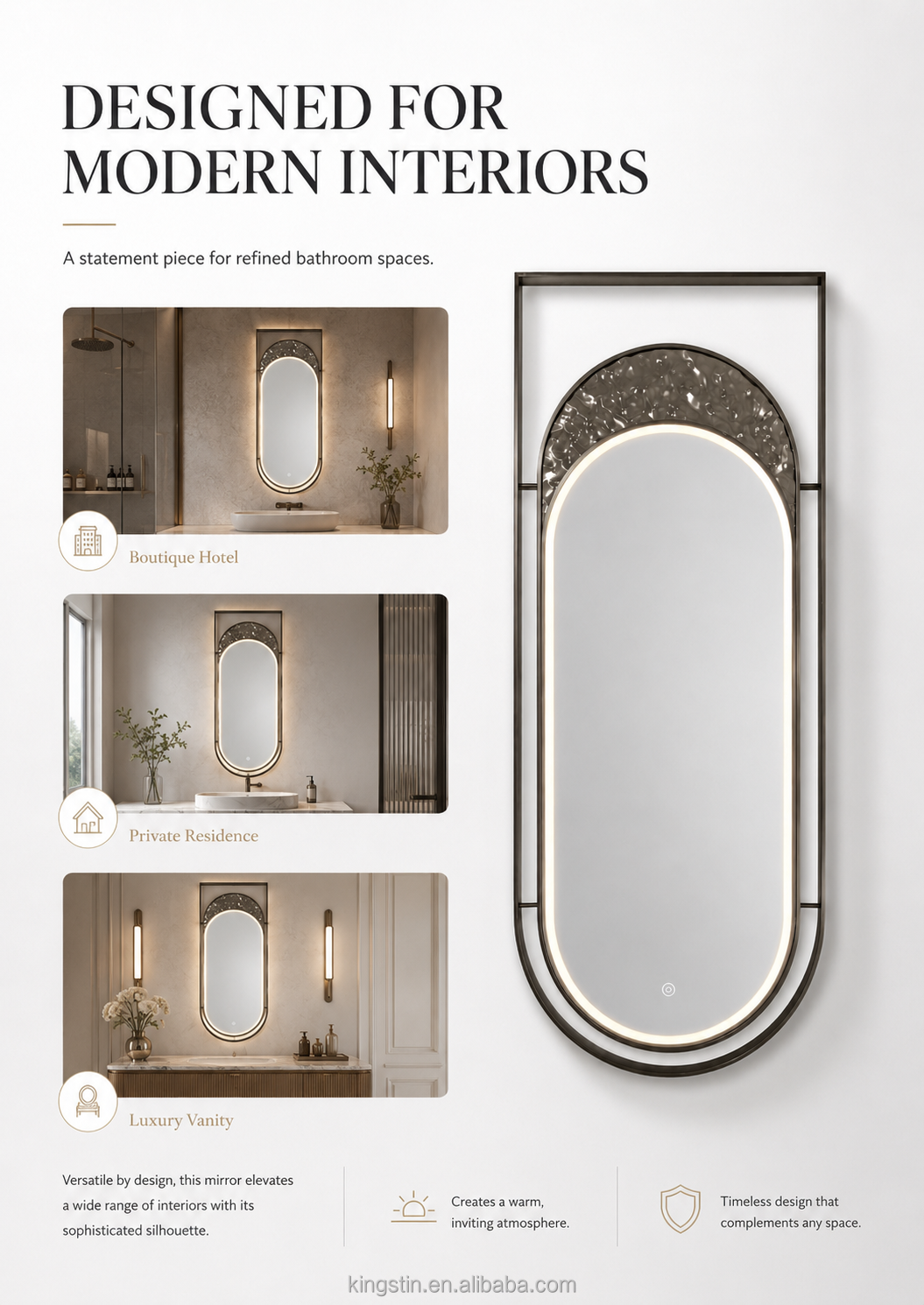 Kingstin Hanging LED Bathroom Mirror, Oval Backlit Vanity Mirror with Water Ripple Design, Customizable Size, Defogger