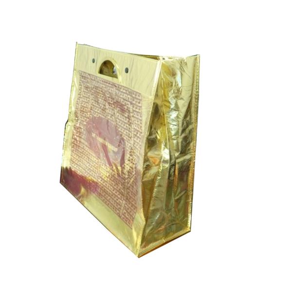 Eco friendly golden lamination non woven carry bag with metal handle