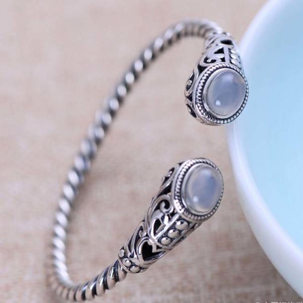 Sterling Silver Cable Bracelet with  Chalcedony Open Adjustable Cuff Bracelet (XH049954WWHITE)
