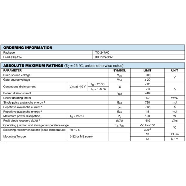 IRFP9240PBF P-Channel MOSFET 200V 12A 500 мОмм Транзисторы TO-247-3