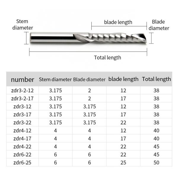 3.175mm Solid Carbide Single O Flute Downcut Spiral Endmill 1F Milling Cutter for Acrylic MDF Aluminum Wood Down-Cut Router