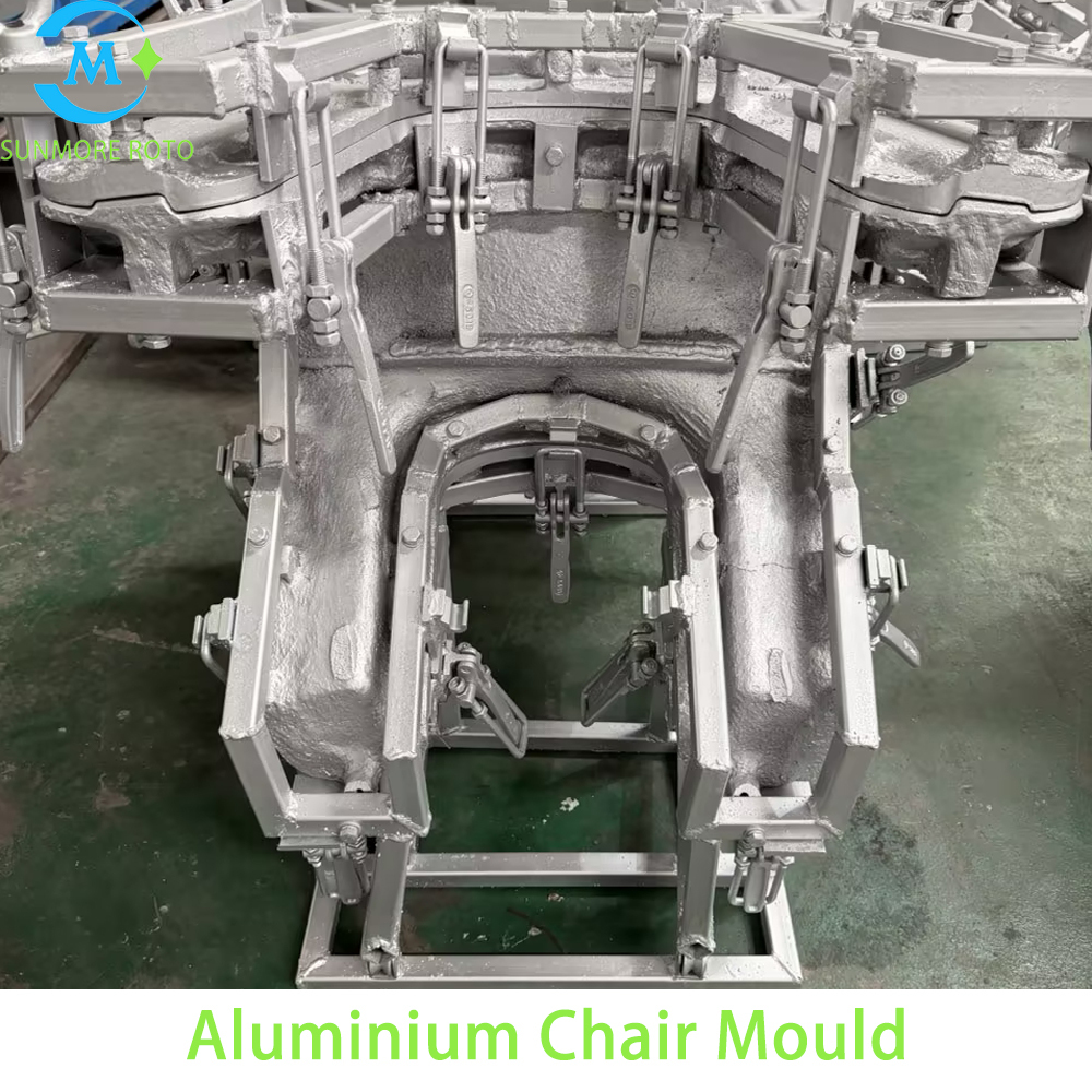 SUNMORE ROTO Custom Cast Aluminum Rotomolding Chair Mould With Integral Lifting Frame & Multi-Point Quick Clamps, OEM Hollow Plastic Leisure Garden Seat Rotational Molding Mold
