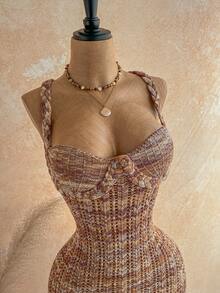 Bohemian Summer Dress with Handmade Braided Rope Trim in Flattering Tropical Orange Tone and Premium Light Sweater Knit