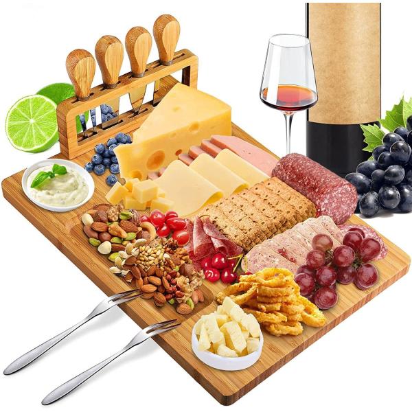 Stainless Steel Cheese Knives Bamboo Cheese Board Set for Charcuterie and Serving