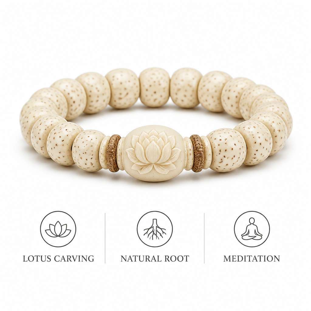 Natural Bodhi Root Taoist Bracelet with Hand-Carved Lotus Beads in Ivory White for Meditation