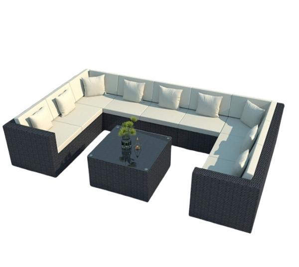 Mobiliário de jardim de pátio moderno de luxo Sofá exterior de rotinão preto Mesa de café Conjunto de cadeira de rotinão de aço Mobiliário exterior