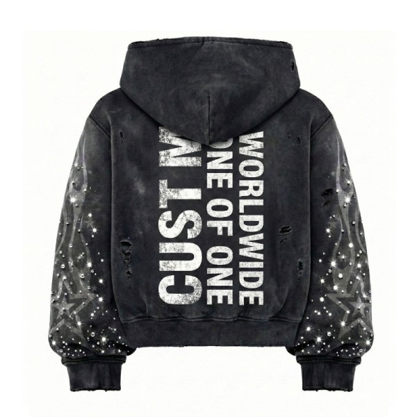 Custom Full Zip Hoodie Cotton Boxy Distressed Rhinestone Retro Style Graphic