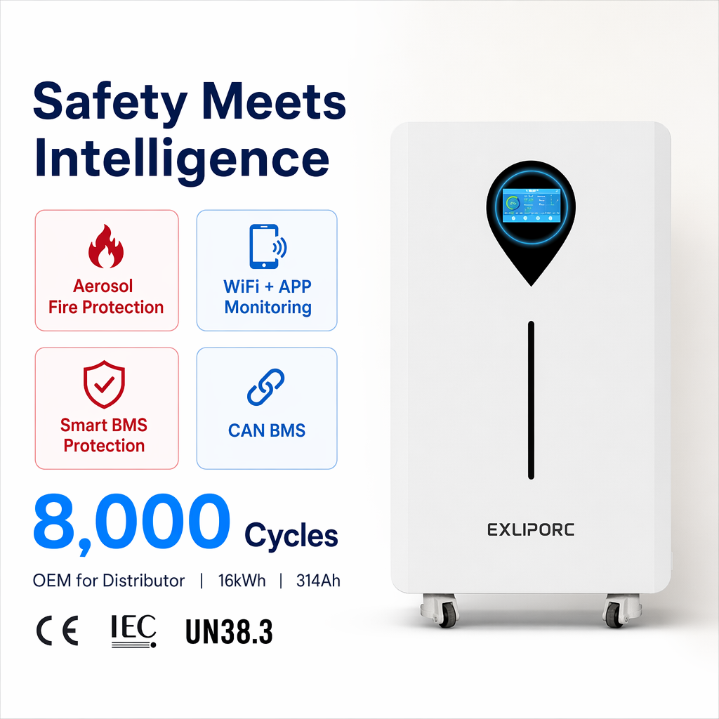 EXLIPORC LVB16WTC 16kWh LiFePO4 Home Energy Storage System with EV Blade Cells for 8000 Cycles and WiFi APP Monitoring
