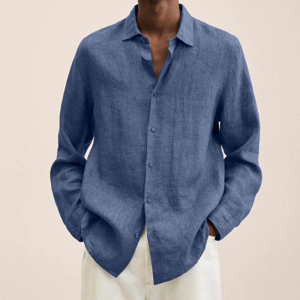2022 Independent Station V Neck Loose Button Cotton Linen Shirt Man Popular Long Sleeved