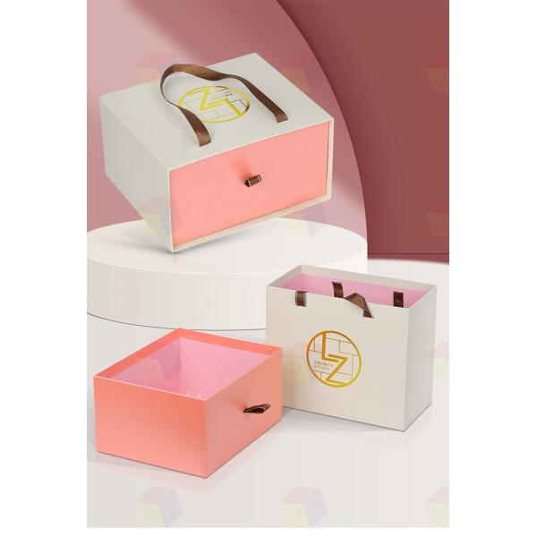 Handmade Sliding Drawer Custom Foil Logo Paper Hard Cardboard Gift Packaging Box With Ribbon Handle