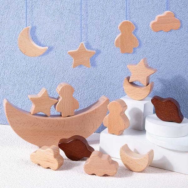 Montessori Children's Educational Toys Wooden Blocks Stars Moon Stacked Blocks Wooden Toy Diy Baby Balance Training Cons