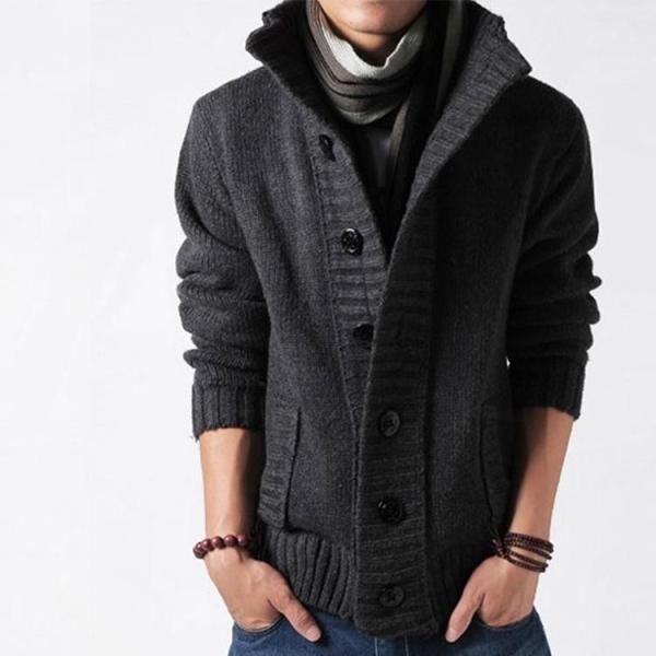 Autumn Winter Men's Stand Collar Sweater with Thick Needle and Single Breasted Buckle