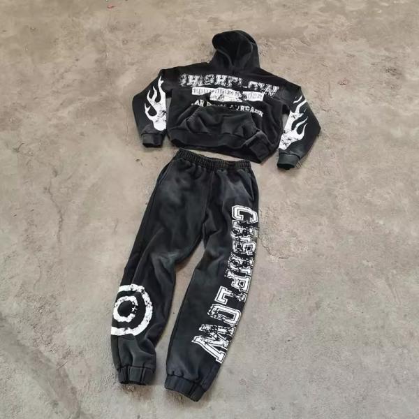 Custom Logo Cropped Hoodies Applique Embroidered Patches Jogging Sweatsuits Acid Wash Tracksuits Jogger Sweatpants Men Set