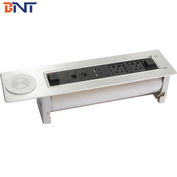 BNT New arrival multifunctional hidden table design desk outlet box brush sliver automatic flip up desktop outlet