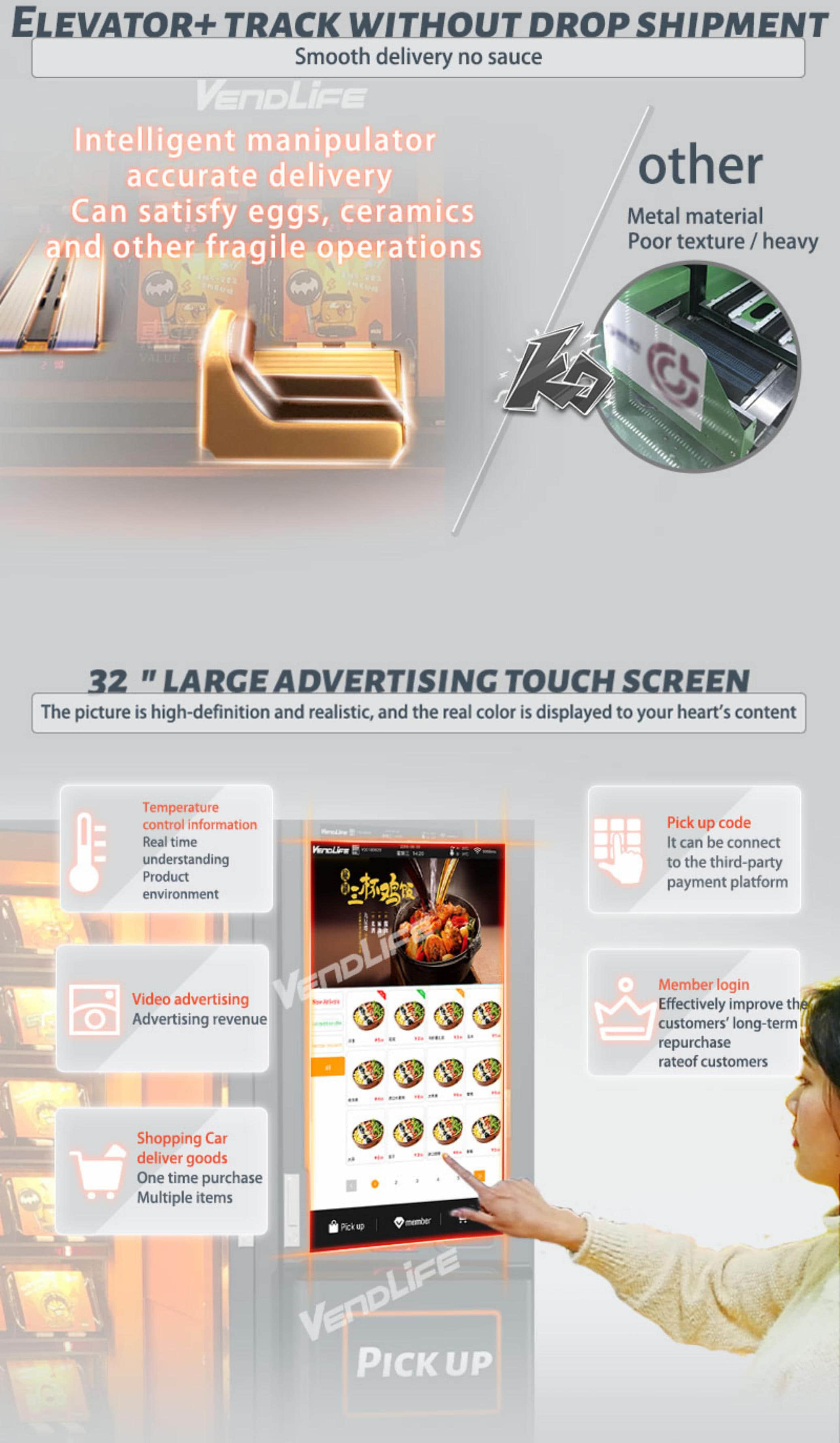 Premade Intelligent Micro Supermarket  Commercial Hot Cold Refrigerated Bento Vending Machine Elevator Track Automatic Pizza Dumpling Food Vending Machine With 32 Inch Touch Screen Remote Temp Control