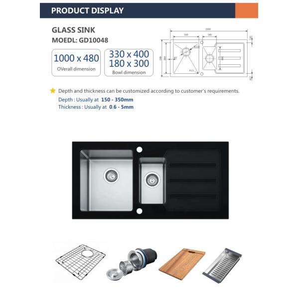 40' Sliver Tempered Glass Kitchen Sink 16 Double Bowl 100x48