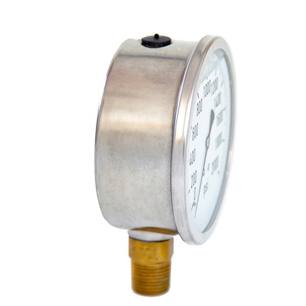 4 Liquid filled Pressure Gauge,glycerine, 0-2000 psi ,lower mount, 1/2 NPT, stainless steel case and brass internal