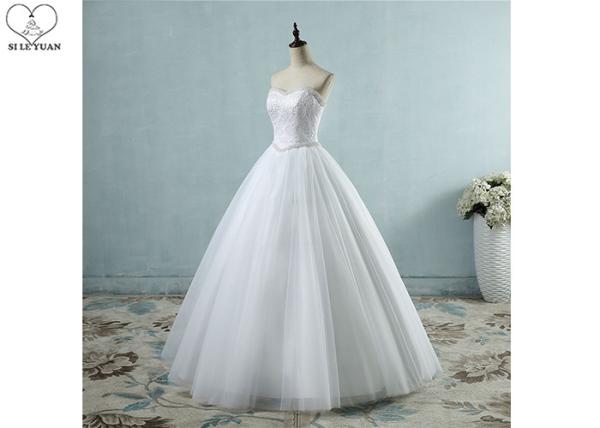 Strapless White Ball Gown Wedding Dresses Lace Bust Waist Beading Tulle