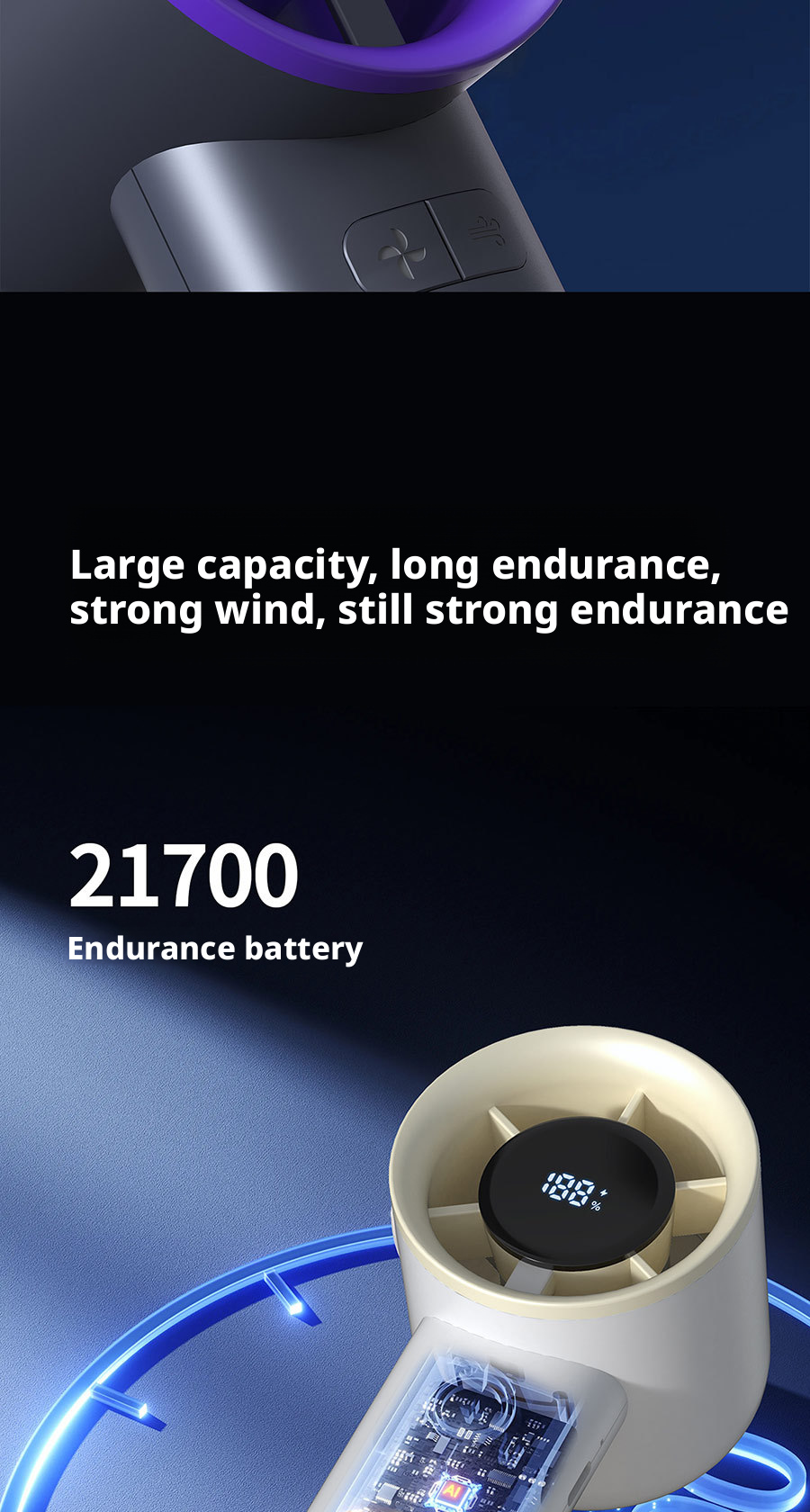 2000mAh Plastic Small Personal Battery Operated Fans Lightweight Design Car Hotel Use