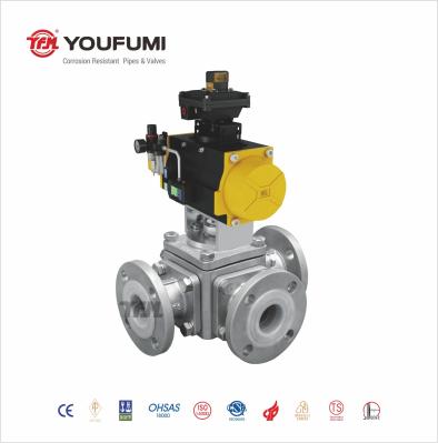 Three Way PFA Lined Ball Valve PN16 DN80 Vacuum Resistance Fluorine Chemical Use