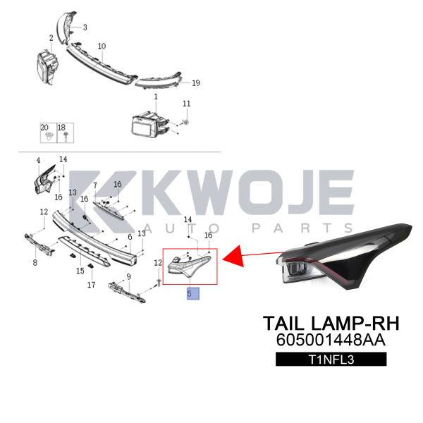 Feu arrière Jetour T1NFL3-RH 605001448AA Remplacement OEM