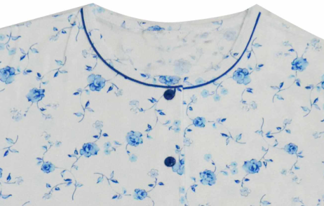 Ladies Cotton Jersey Blue Floral Printed Button Through Nightdress Sleepwear with Blue Piping Button Satin Bows
