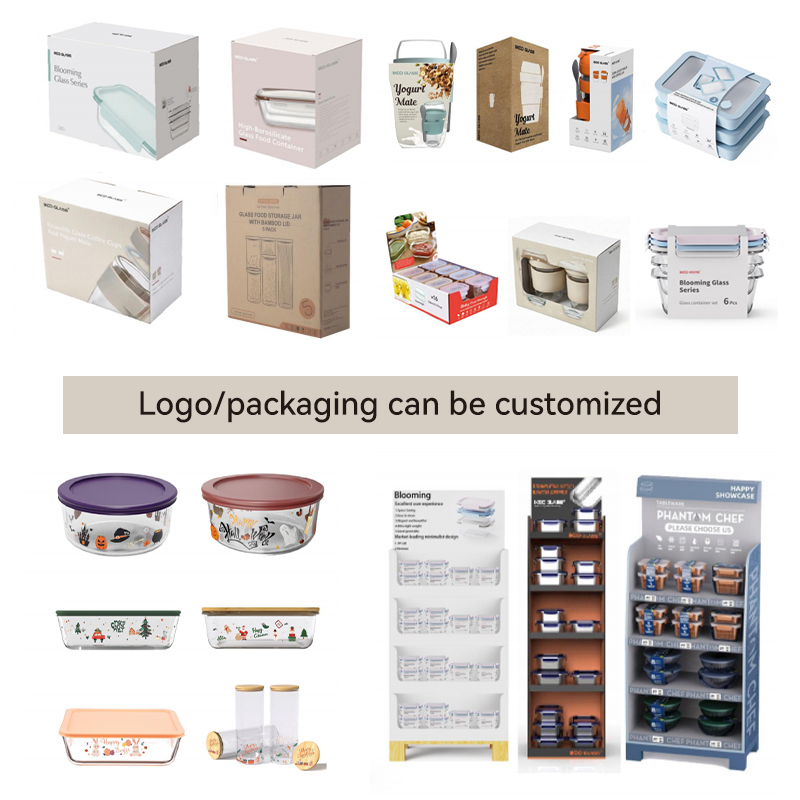 Customized logo durable freezer to oven borosilicate glass food storage container with Space-saving design for home goods store