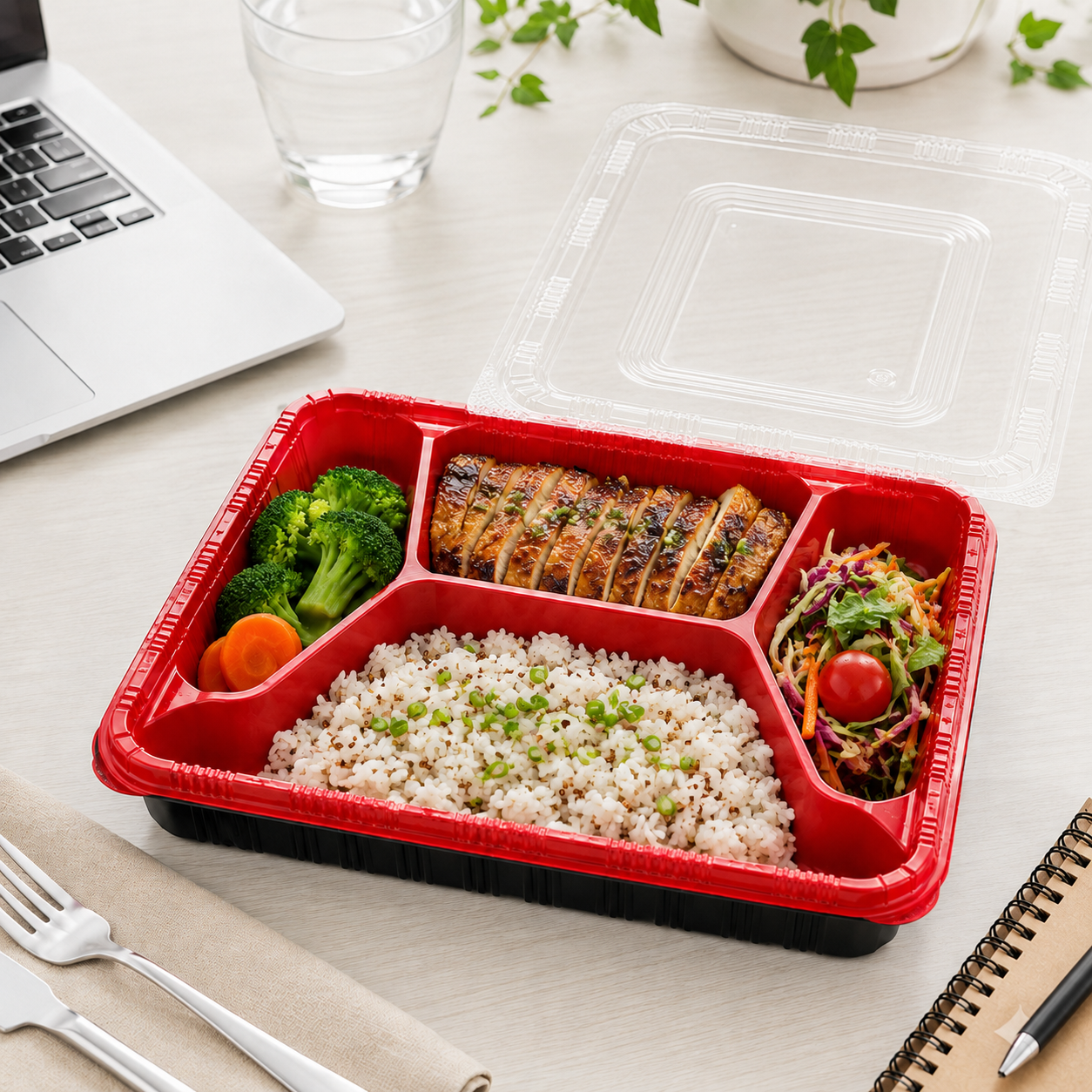 Complete Takeaway Meals Multi Compartment Trays Four Compartment with Clear Lid