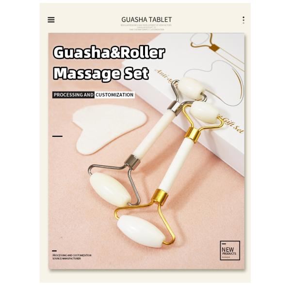 Skin Care Tool Natural White Jade Stone Gua Sha Scraping Board Guasha Face Roller Gift Box Set for Body Muscles Massage