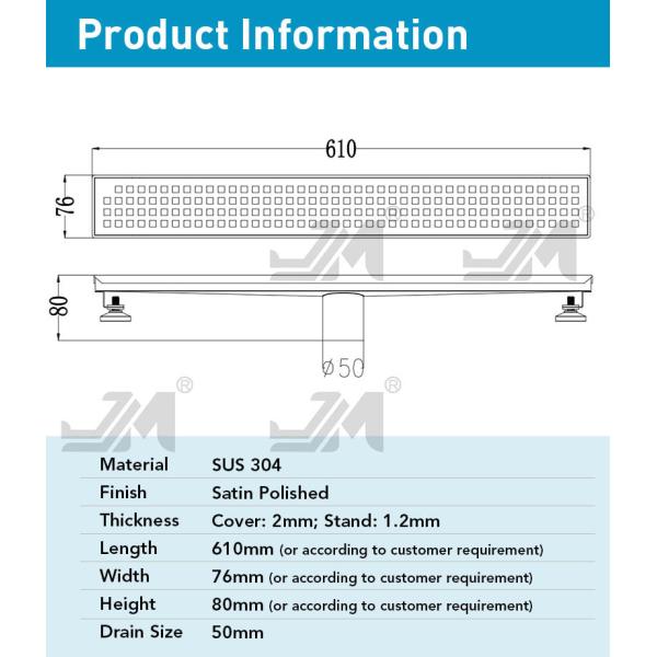 Linear 24 Inch Shower Drain , Square Floor Drain Brushed 304 Stainless Steel Material