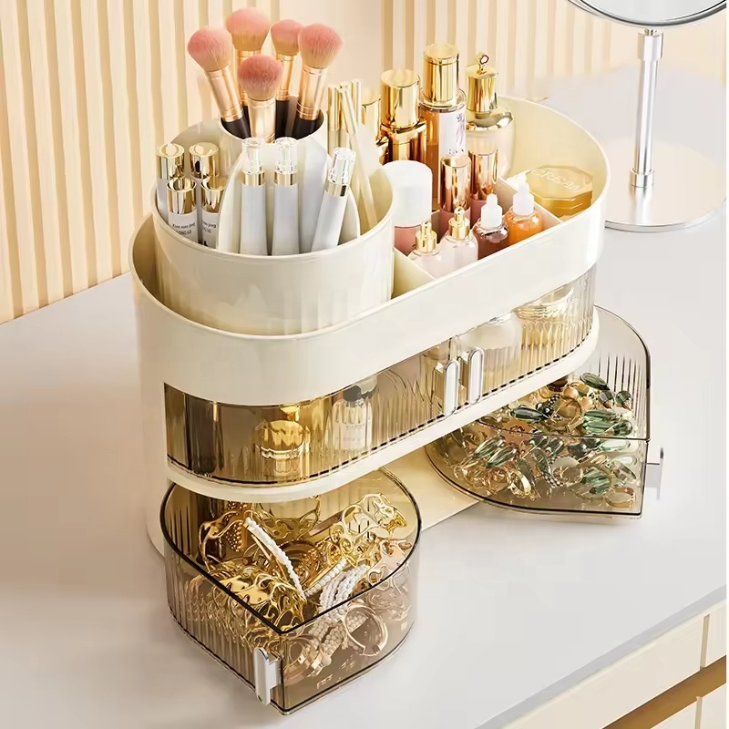 New Design 360 Degree Rotating Dustproof Acrylic Makeup Storage Boxes with Makeup Brush Holder