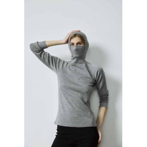 Custom Wool Base Layer 100% Pure Hooded Balaclava Wool Long Sleeve Top