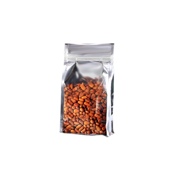 Clear front-Silver back one side clear aluminum foil side gusset Silver Metalized with k Quad flat bottom bag