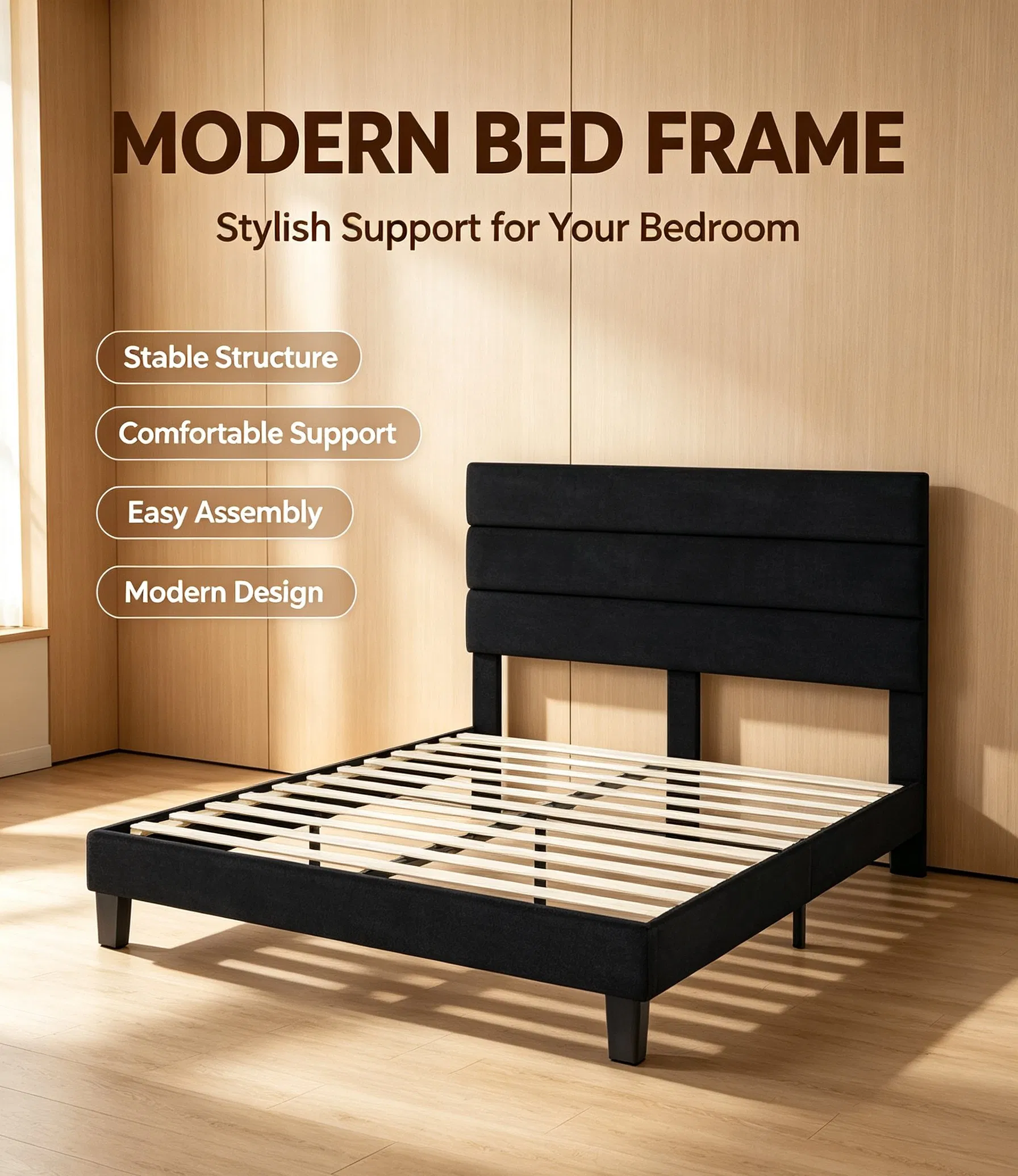 Minimalist Black Fabric Upholstered Bed with Layered Headboard