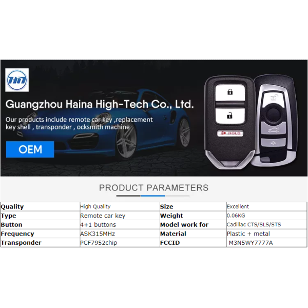 315Mhz PCF7952 Chip Key For Cadillac Auto Remote Keyless Entry Car Fob FCCID M3N5WY7777A