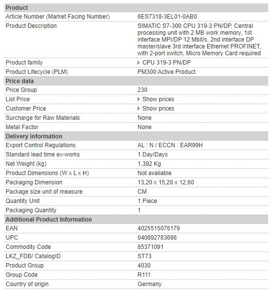 Устройство обработки данных 6ES7318-3EL00-0AB0 6ES7 318-3EL00-0AB0 Сименс центральное с памятью работы 2 MB