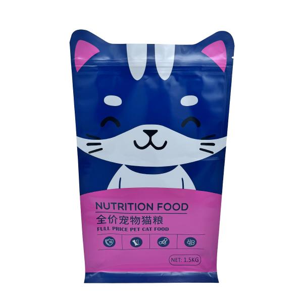 1.5kg Custom Cat Shape Design Stand Up Flat Box Bottom Pet Cat Food Packaging Bags Pouch with Resealable Zipper