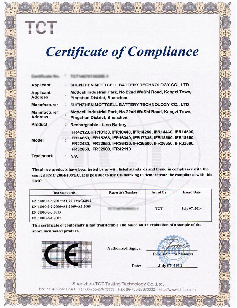 Shenzhen Mottcell New Energy Technology Co., Ltd. Сертификации