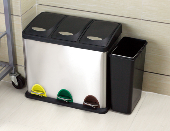 24L Three Compartment Foot Pedal Waste Bin Ashcan  Stainless Steel Trash Can