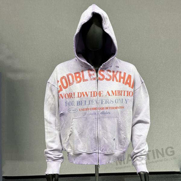 S-6XL Custom Size Distressed Hoodie 100% Cotton French Terry Sun Faded Acid Wash