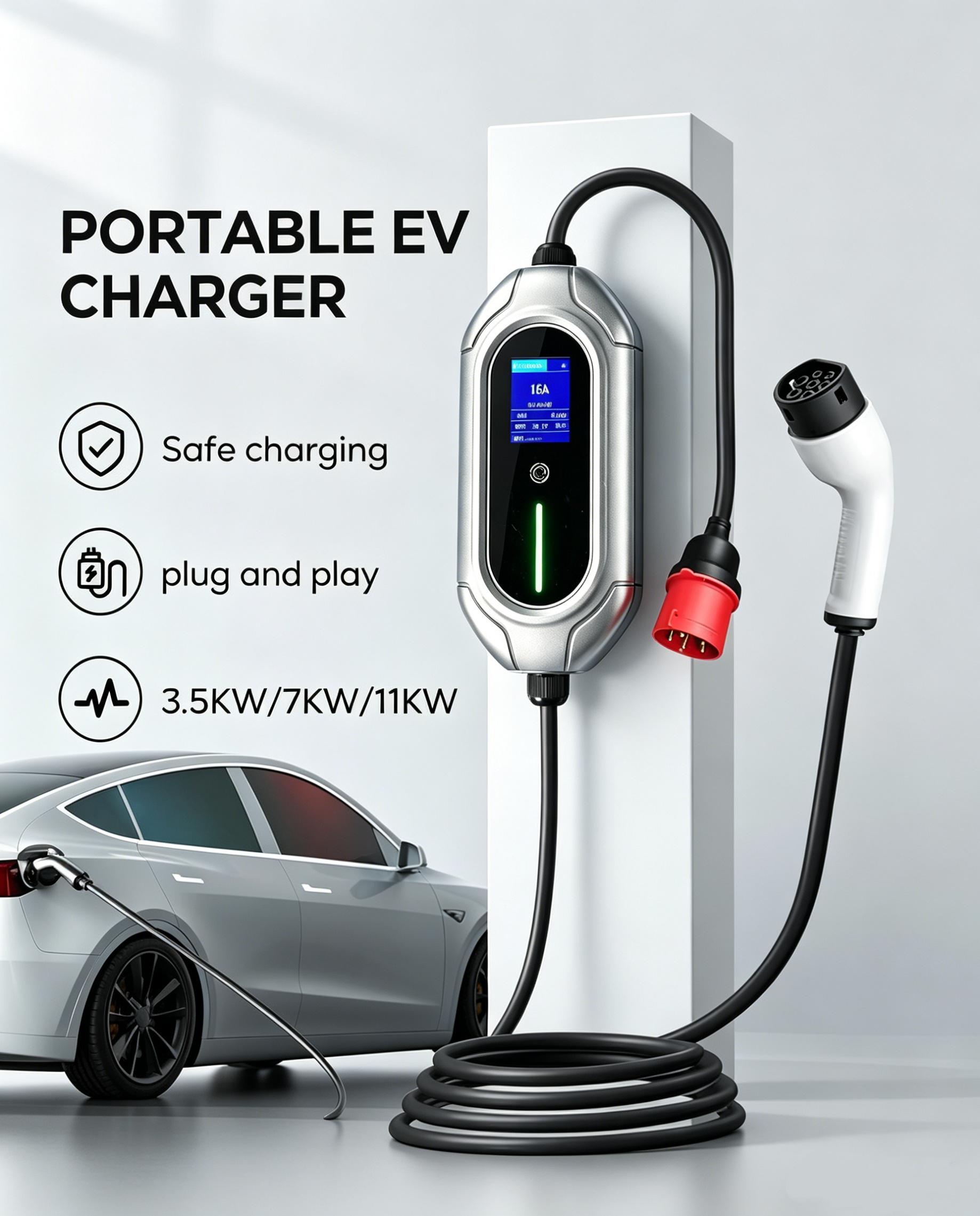 7KW/3.5KW Portable EV Charger with LCD Display and IP55 Waterproof Rating for New Energy Vehicles