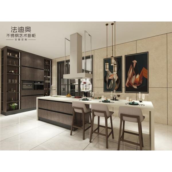 Modern Dark Wood Texture Stainless Steel Kitchen Cabinets With Contrasting Colors Design