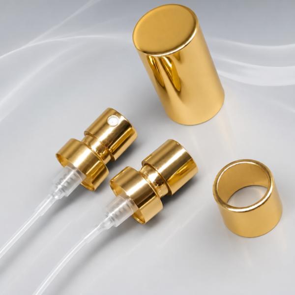 Luxury Aluminum Perfume Spray Pump with 21mm Gold Decorative Cap for Premium Fragrance Packaging