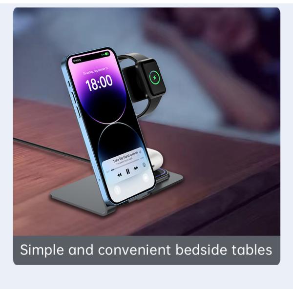 Aluminum Alloy 3 In 1 Wireless Charging Stand 15W Power Over Temperature Protection