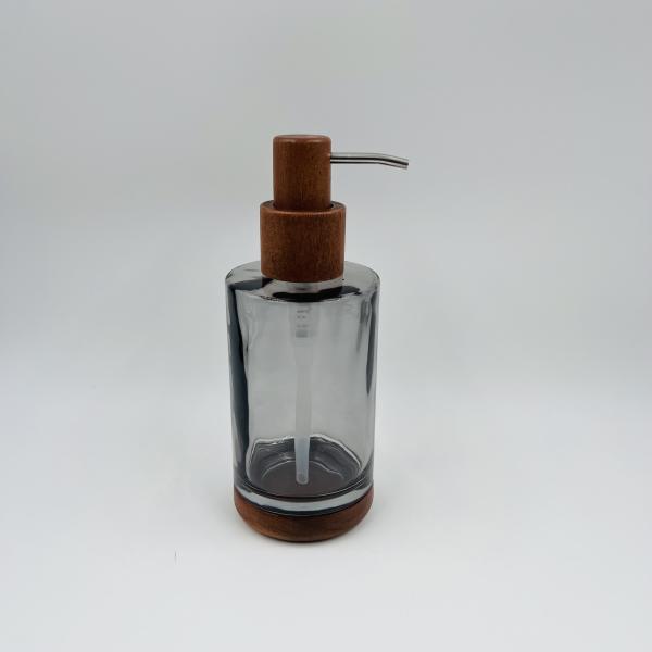 Conjuntos de baño de vidrio equipos de baño de humo color redondo forma de madera parte de vidrio baño jabón dispensador